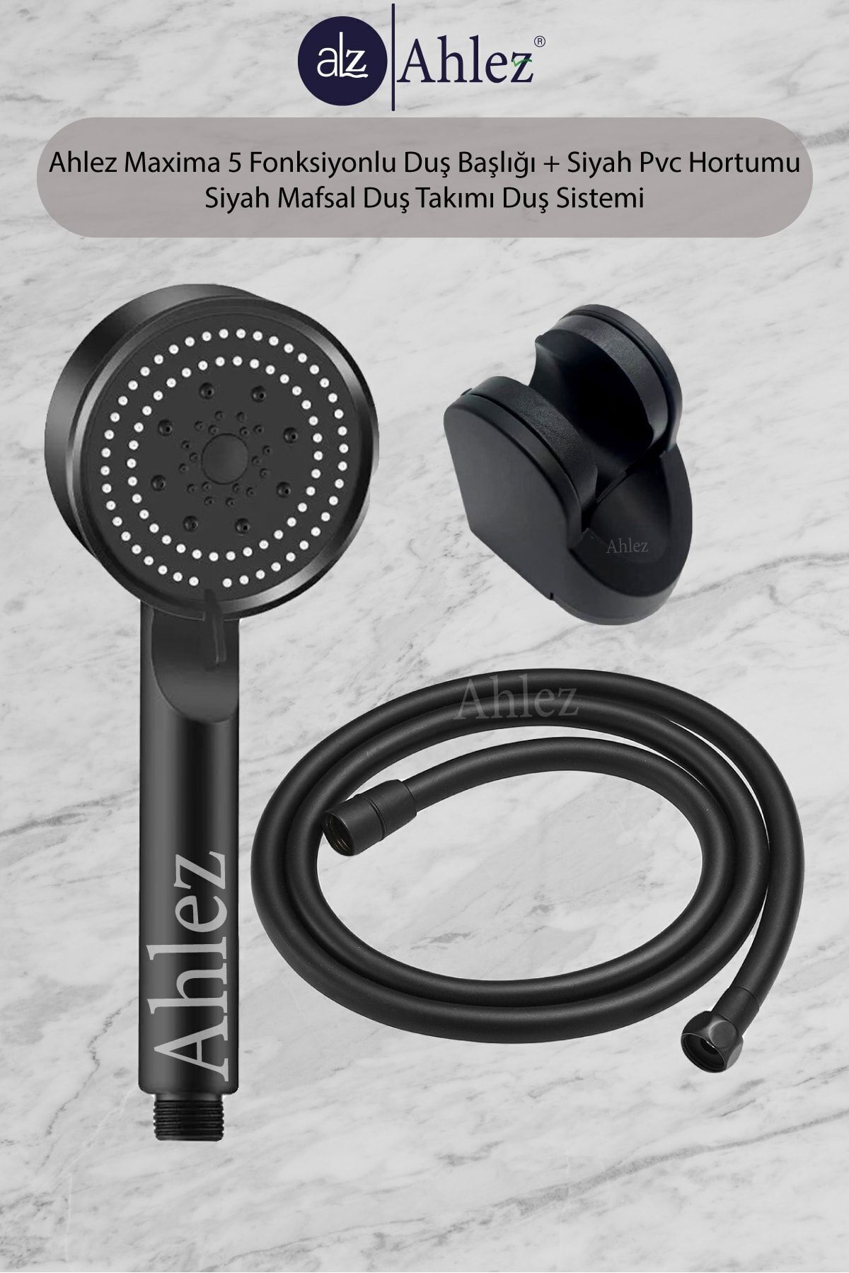 Maxima 5 Fonksiyonlu Duş Başlığı + Siyah Pvc Duş Hortumu + Siyah Mafsal Duş Takımı