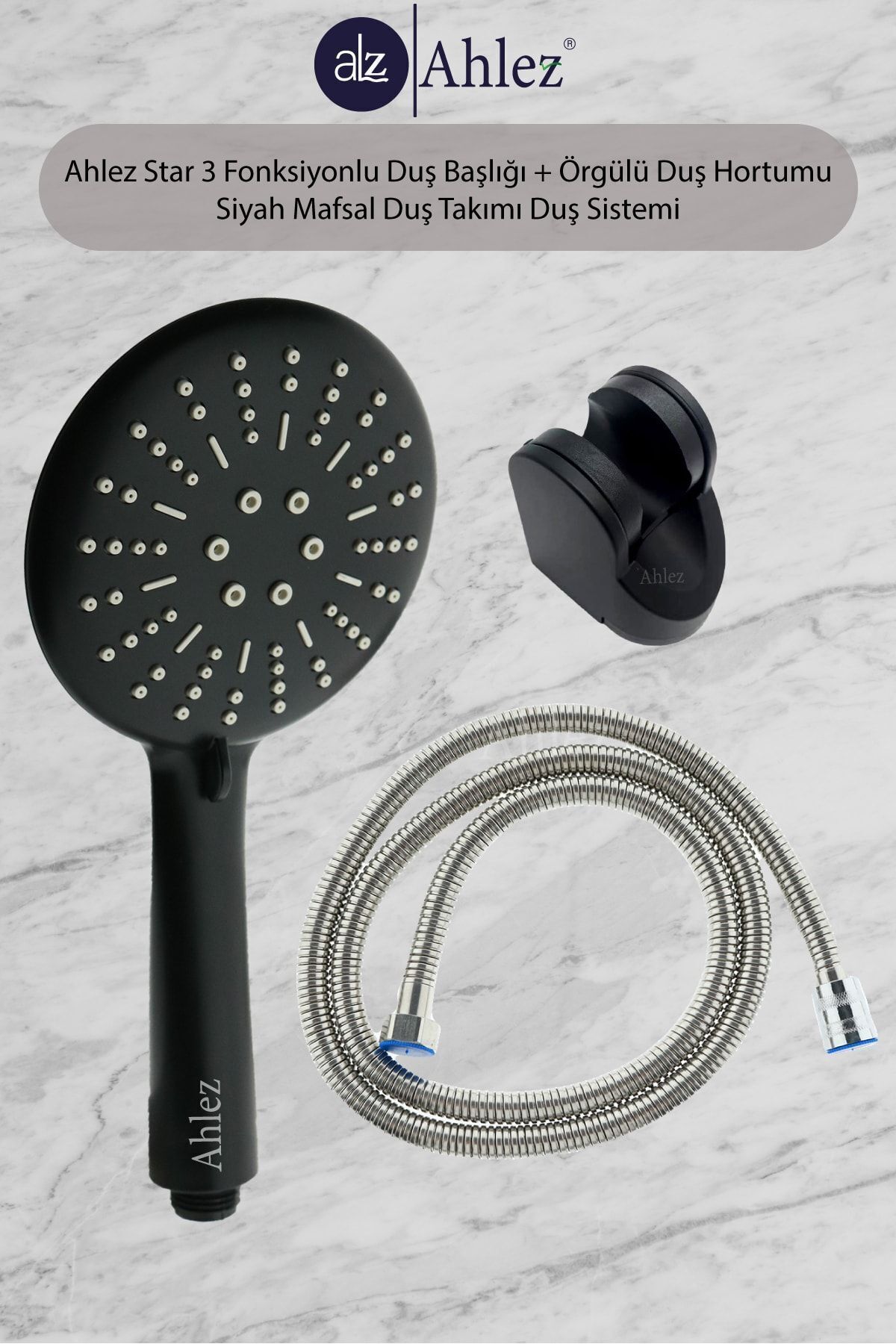 Star 3 Fonksiyonlu Duş Başlığı + Örgülü Duş Hortumu + Siyah Mafsal Duş Takımı