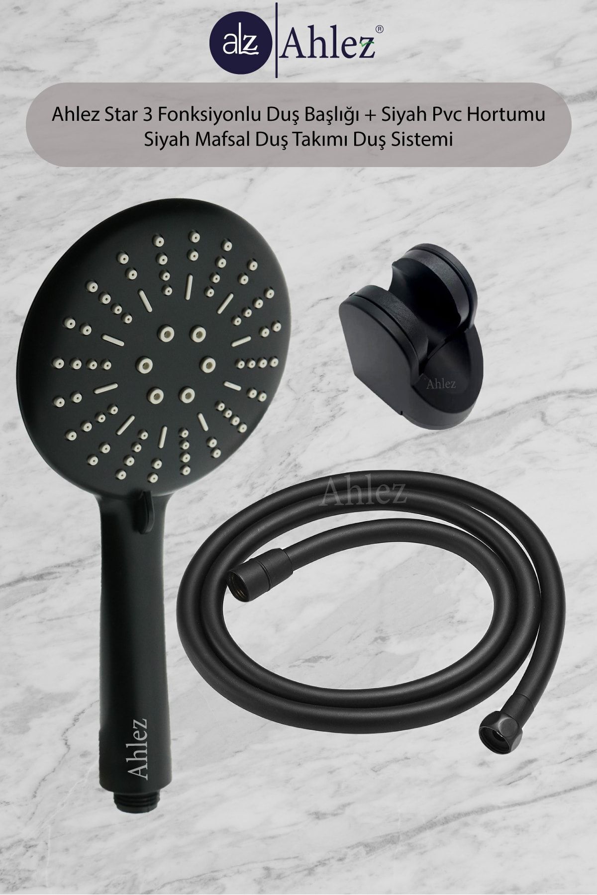 Star 3 Fonksiyonlu Duş Başlığı + Siyah Pvc Duş Hortumu + Siyah Mafsal Duş Takımı
