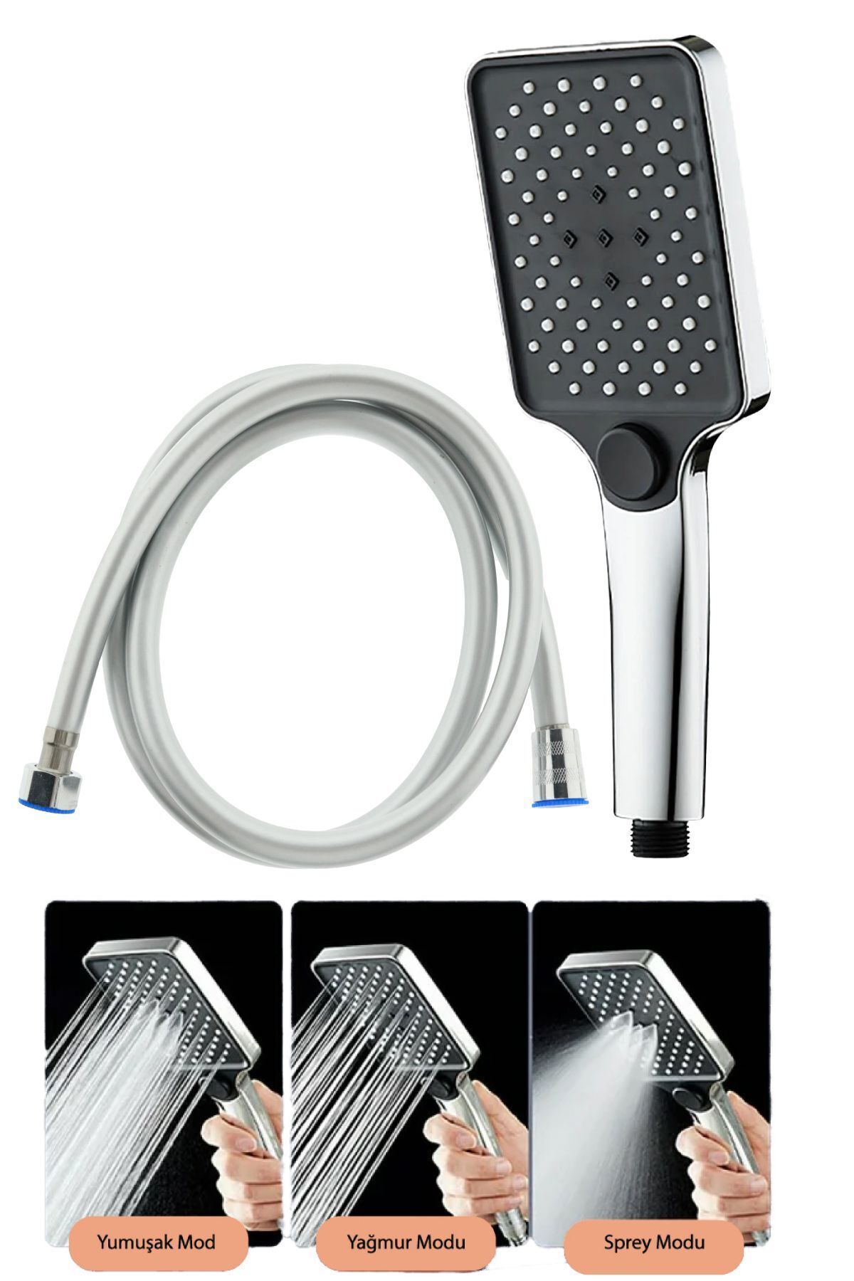 Aqua Kare 3 Fonksiyonlu Duş Başlığı ve Pvc Duş Hortumu Duş Seti