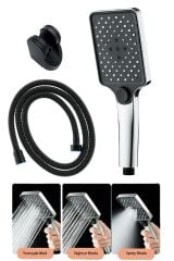 Aqua Kare 3 Fonksiyonlu Duş Başlığı , Siyah Duş Hortumu ve Siyah Mafsal Duş Seti