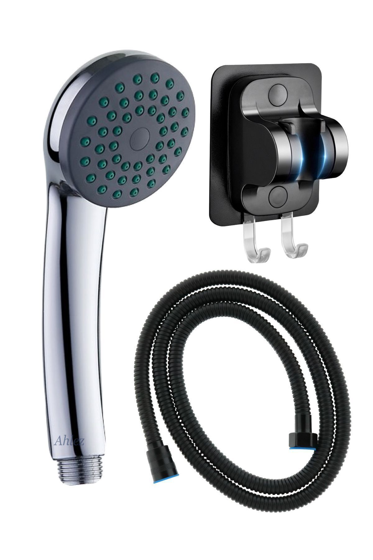 Caprice Duş Başlığı , Askılıklı Siyah Yapışkanlı Duş Mafsalı ve Örgülü Siyah Duş Hortumu Duş Takımı