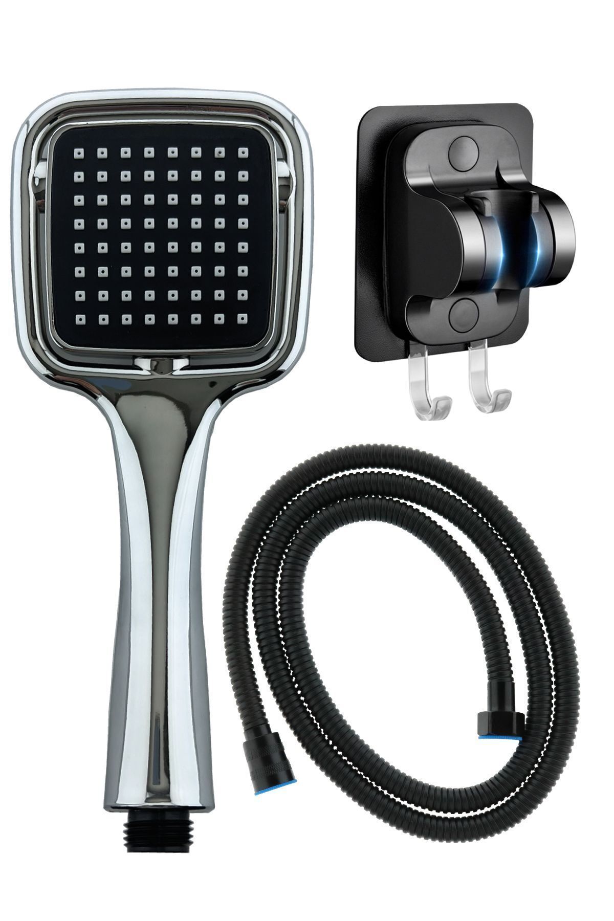 Siyah Kare El Duşu , Askılıklı Siyah Yapışkanlı Mafsal ve Örgülü Duş Hortumu Seti