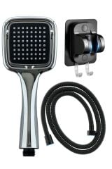 Siyah Kare El Duşu , Askılıklı Siyah Yapışkanlı Mafsal ve Örgülü Duş Hortumu Seti