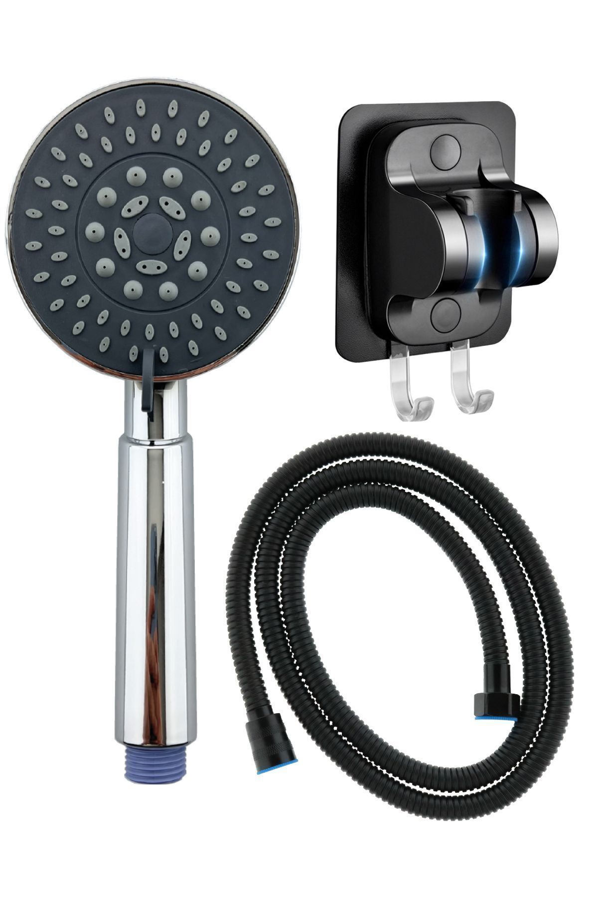 Luna Fonksiyonlu Duş Başlığı , Siyah Yapışkanlı Mafsal ve Örgülü Duş Hortumu Seti