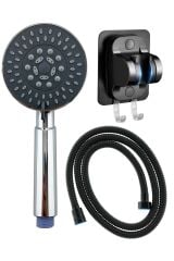 Luna Fonksiyonlu Duş Başlığı , Siyah Yapışkanlı Mafsal ve Örgülü Duş Hortumu Seti