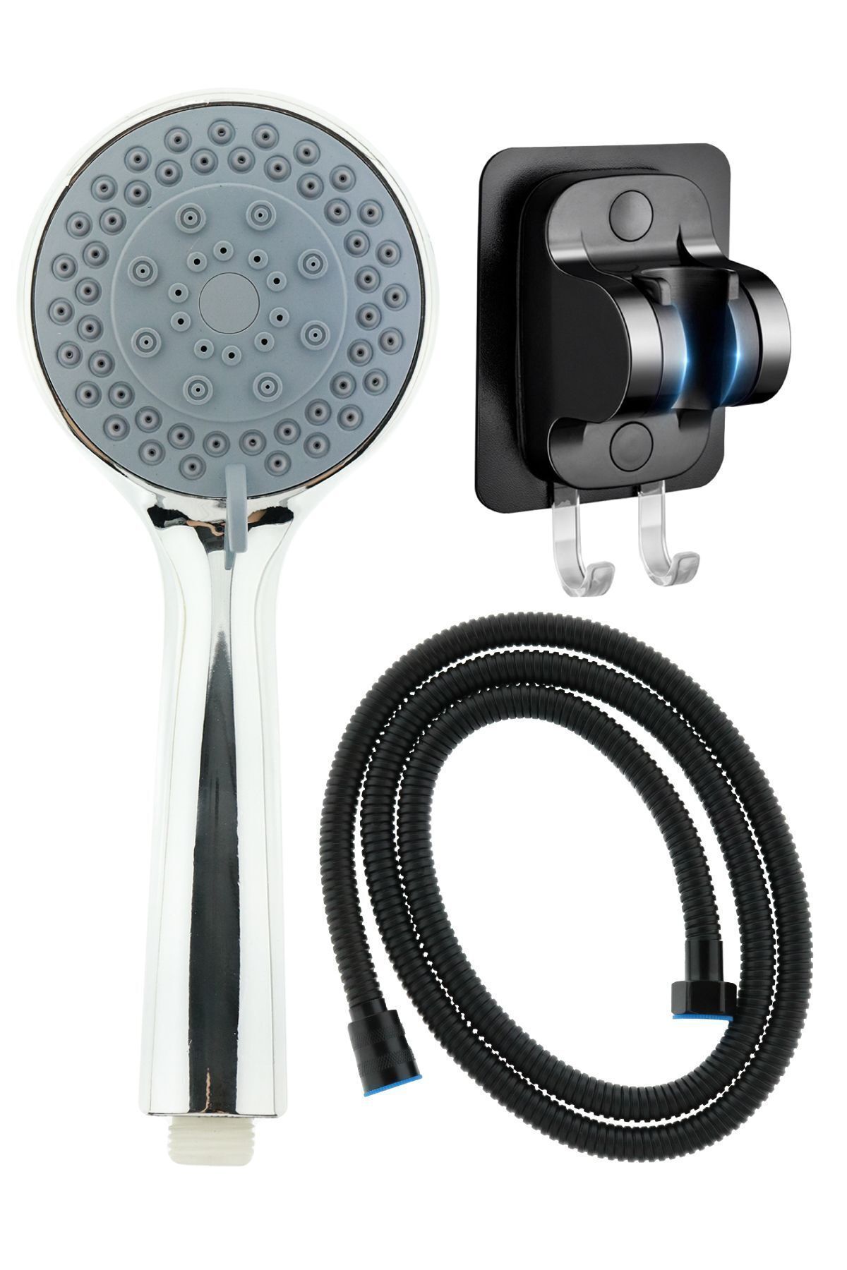 Pena Fonksiyonlu Duş Başlığı , 3M Yapışkanlı Siyah Mafsal ve Duş Hortumu Seti