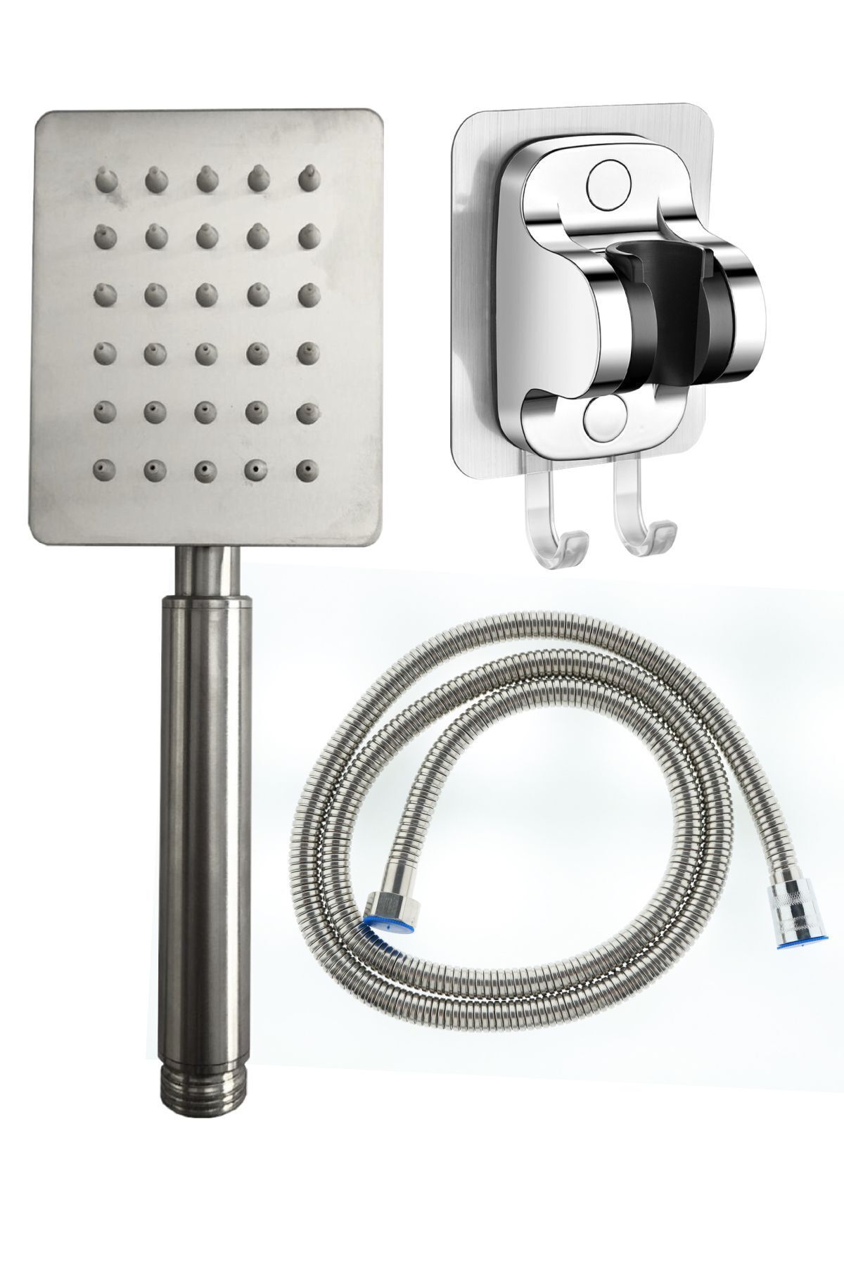 Shine 304 Paslanmaz Duş Başlığı , 3M Yapışkanlı Mafsal ve Duş Hortumu Seti