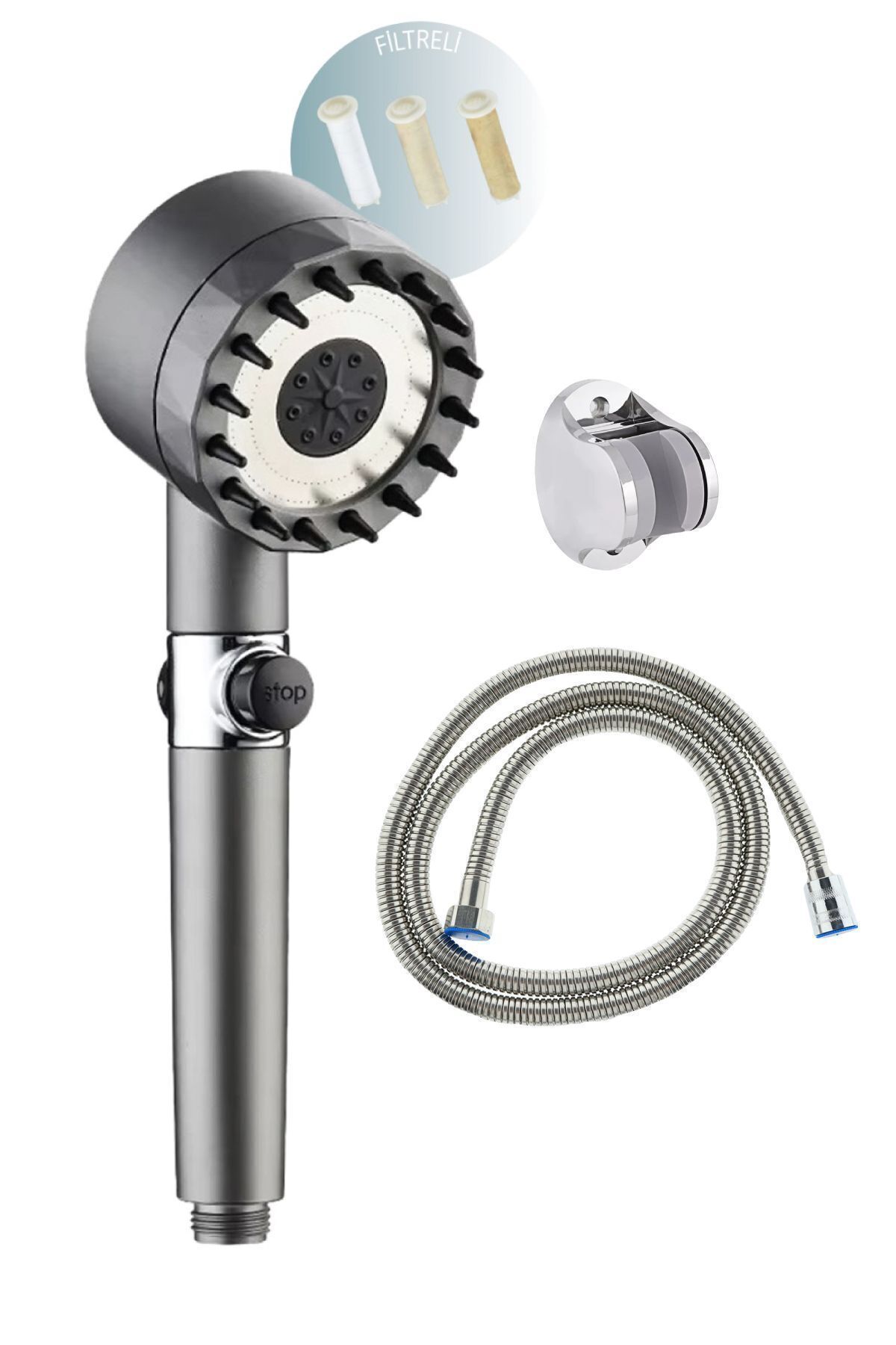 Masaj Etkili Filtreli 3 Fonksiyonlu El Duşu , Spiral Hortum Ve Mafsal 3'lü Set