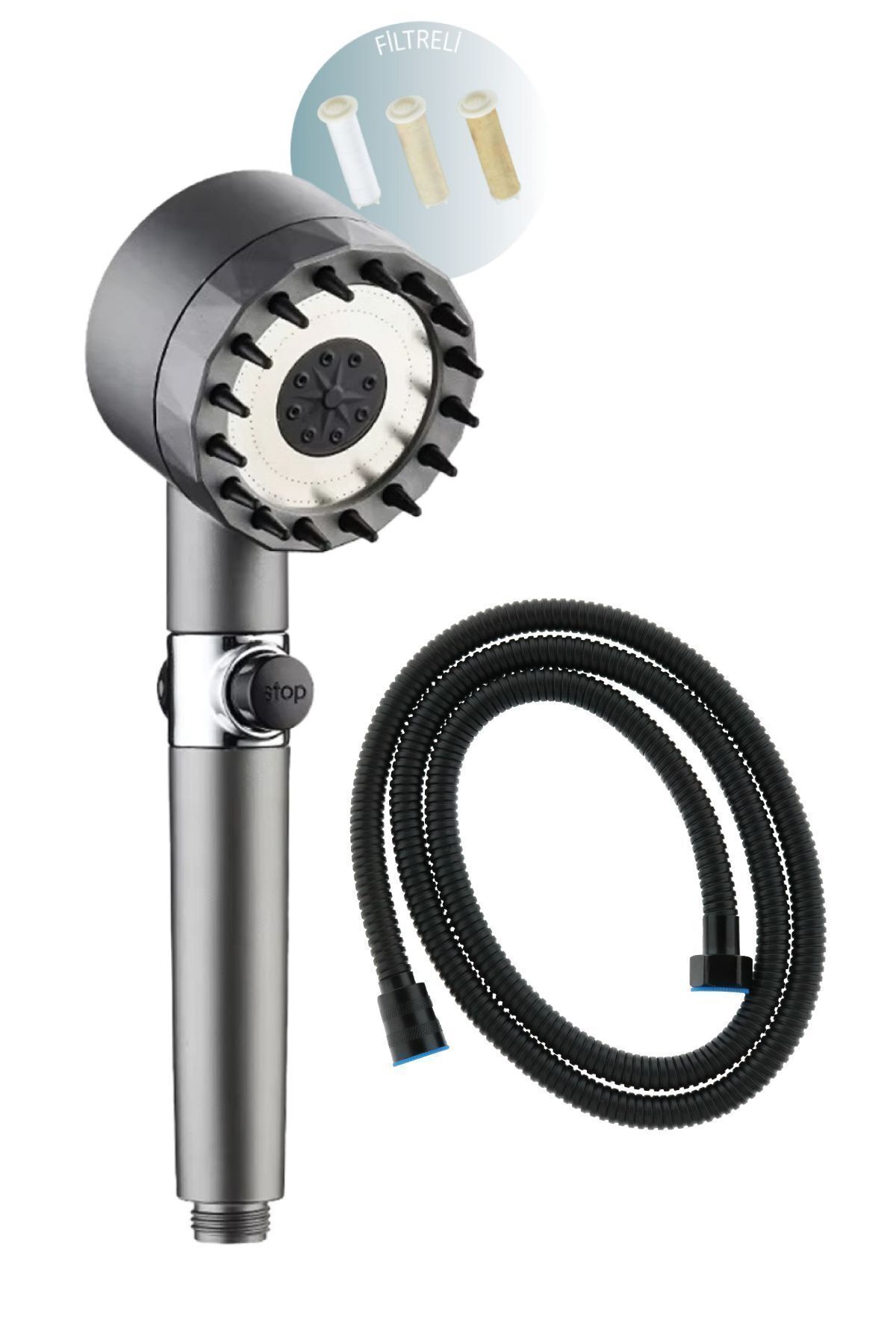 Masajlı 3 Fonksiyonlu El Duşu ve Siyah Örgülü Duş Hortumu Duş Seti