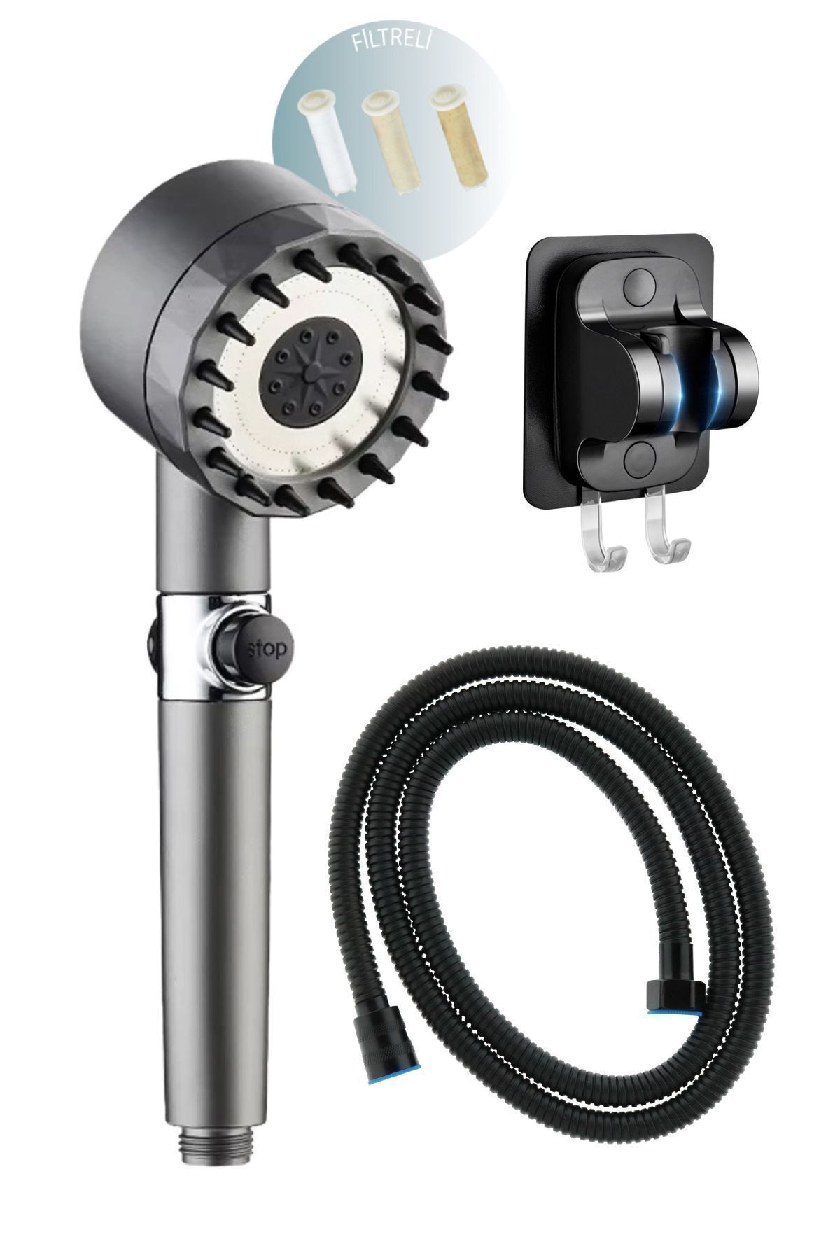 Masajlı Filtreli 3 Fonksiyonlu El Duşu , Yapışkanlı Mafsal Ve Siyah Örgülü Duş Hortumu 3'lü Set