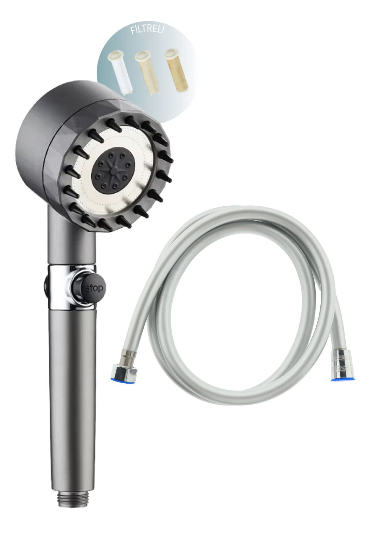 Masaj Etkili Filtreli 3 Fonksiyonlu Duş Başlığı El Duşu ve Pvc Duş Hortumu 150cm Duş Seti