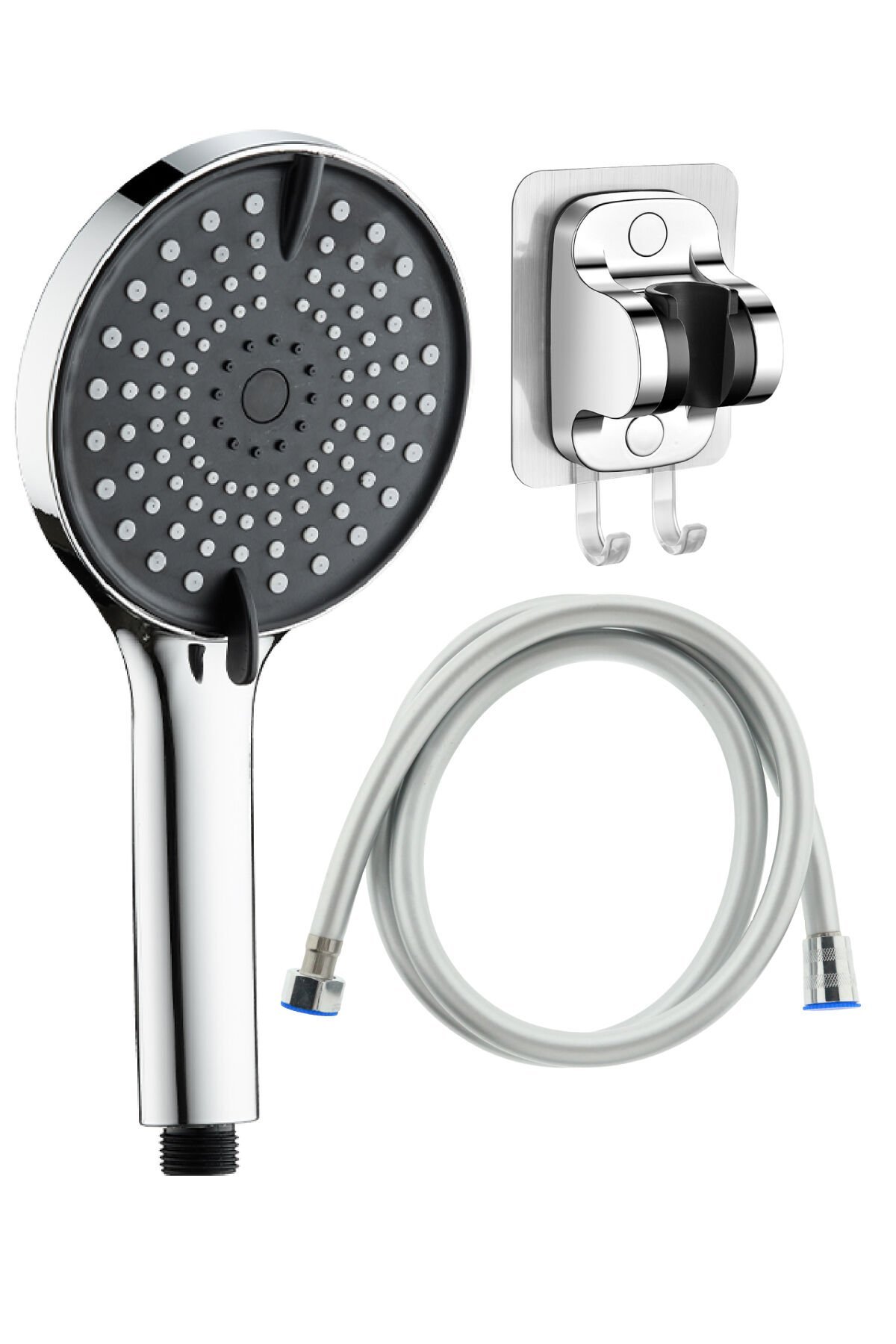 Siyah Yuvarlak 3 Fonksiyonlu Duş Başlığı , Pvc Duş Hortumu ve Yapışkanlı Mafsal 3'lü Duş Seti