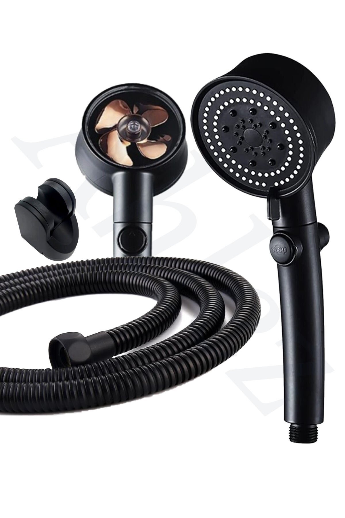 Siyah Turbo Pervaneli 5 Fonksiyonlu Duş Başlığı Siyah Duş Hortumu 150 Cm Ve Mafsal Set