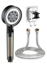 Siyah Filtreli 5 Fonksiyon Çelik Duş Başlığı Kendinden Yapışkanlı Duş Askısı Krom