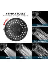 Ankastre 5 Fonksiyon Tepe Duş Başlığı Mat Siyah Gömmeli Duvardan Duş Seti Başlığı