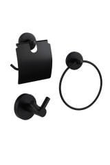 Dolce Mat Siyah Kapaklı Kağıtlık + Yuvarlak Askılık ve Bornoz Askılık 3'lü Banyo Seti