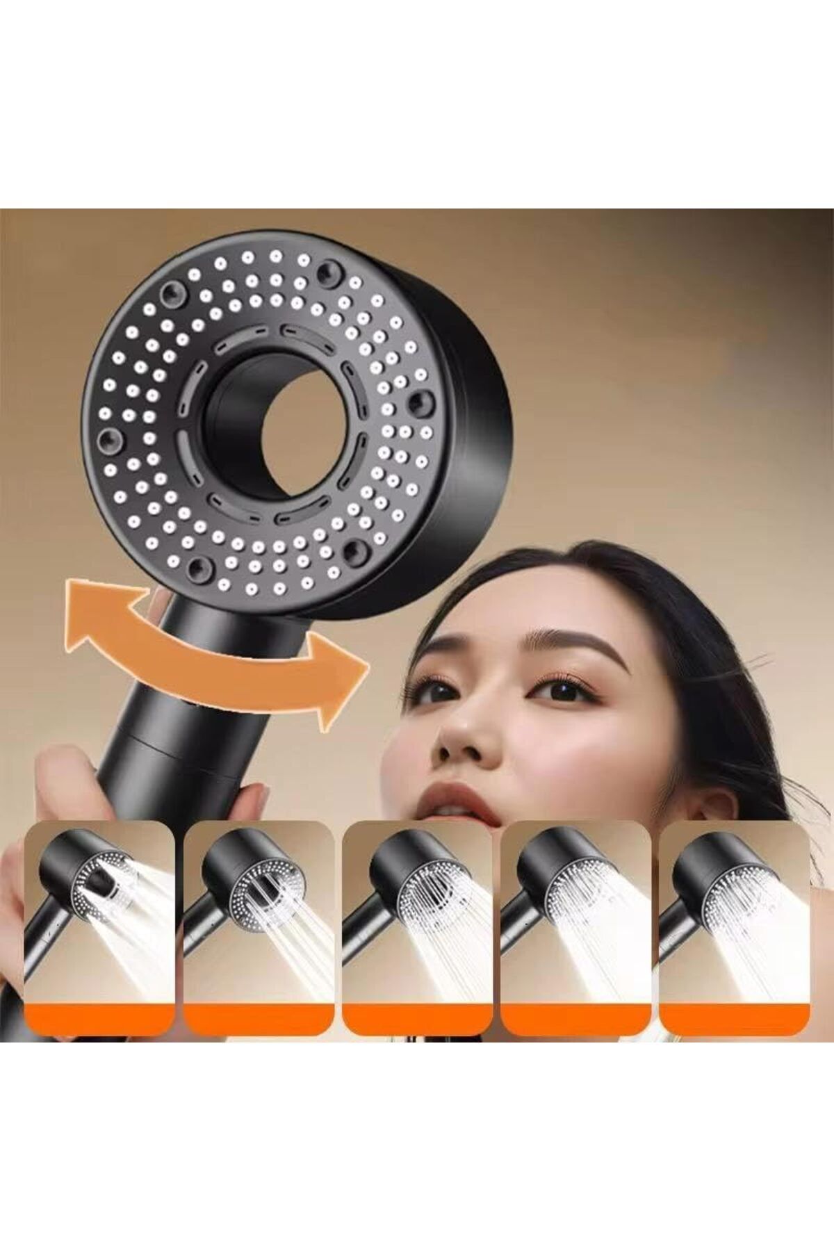 5 Akış Fonksiyonlu Yön Çevirmeli Antrasit Turbo Duş Başlığı El Duşu