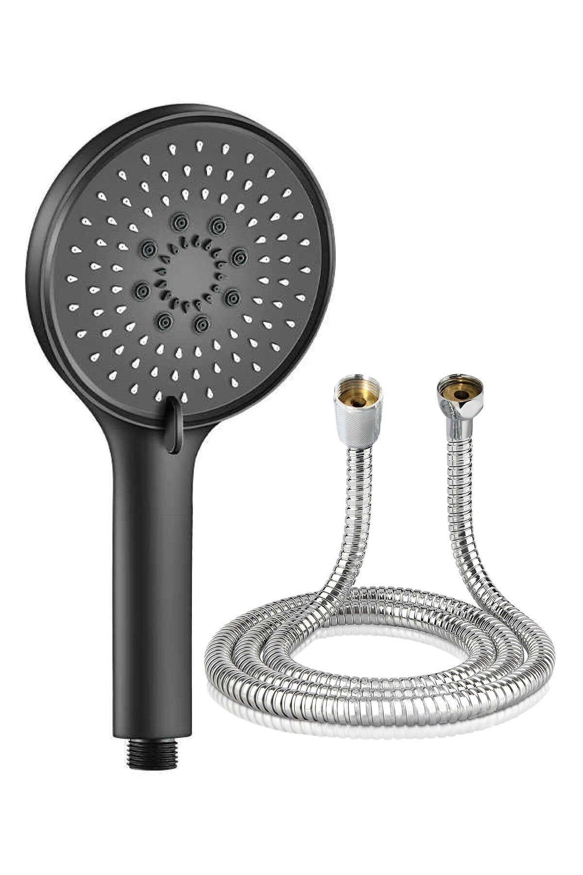Mat Siyah Yuvarlak 5 Fonksiyonlu Duş Başlığı Örgülü Duş Hortumu Duş Seti