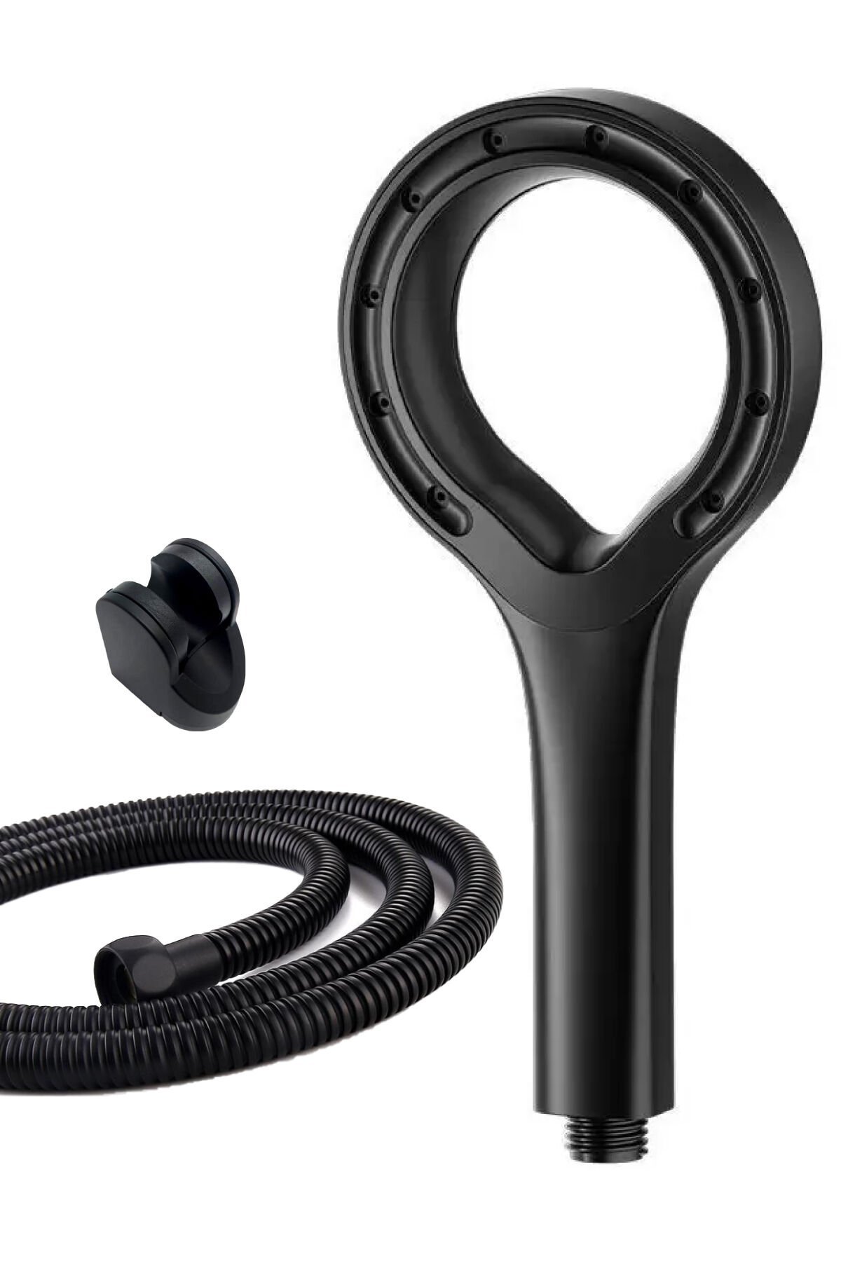 Hendek Mafsallı Mat Siyah Duş Başlığı Seti Mat Siyah Örgülü Hortumlu Duş Seti