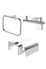 Premium İkili Bornoz Askılık + Kare Havluluk + Kapaklı Tuvalet Kağıtlık Banyo Seti