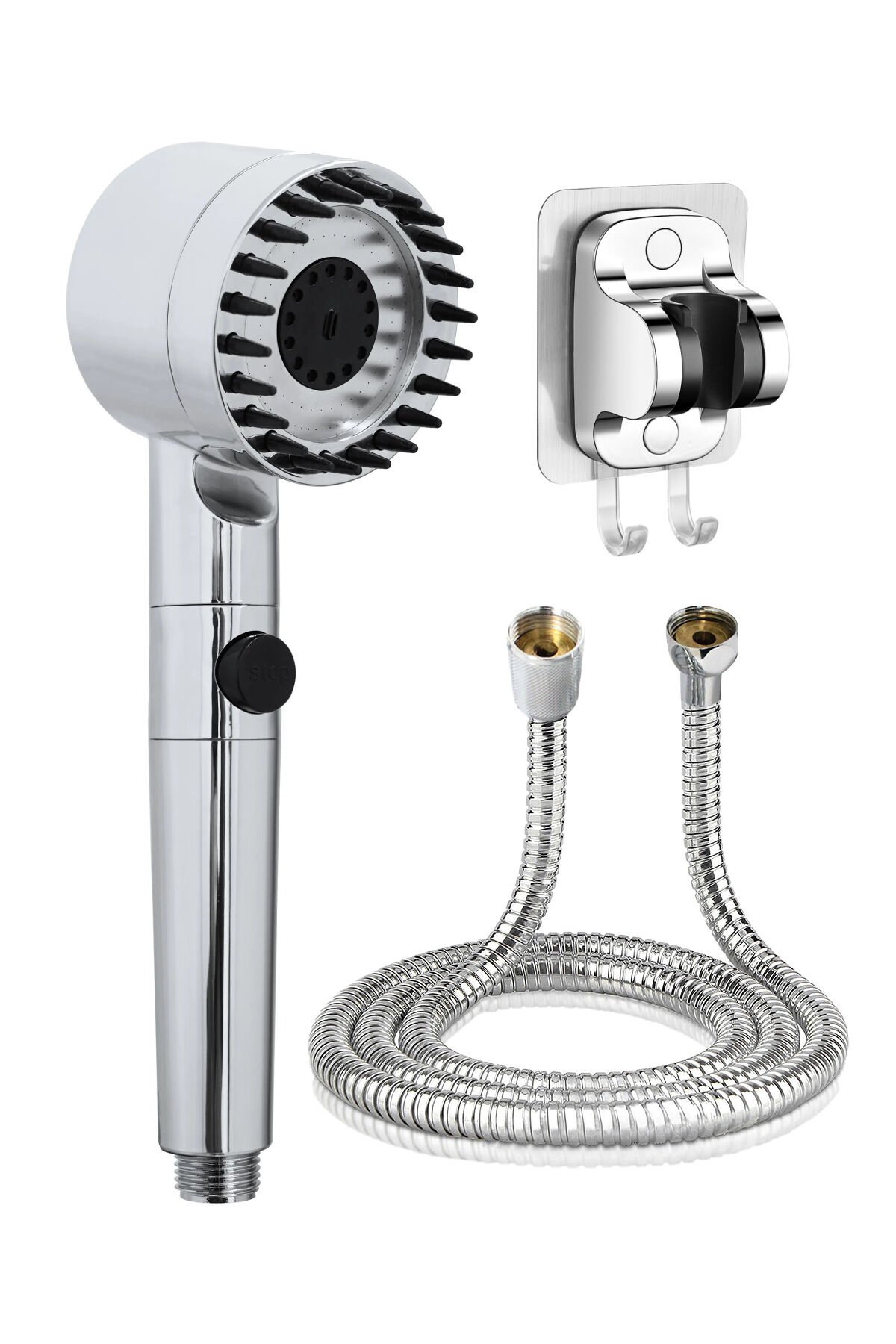 Masajlı Filitreli 3 Kademeli Krom Duş Başlığı Yapışkan Mafsallı Hortumlu Duş Seti
