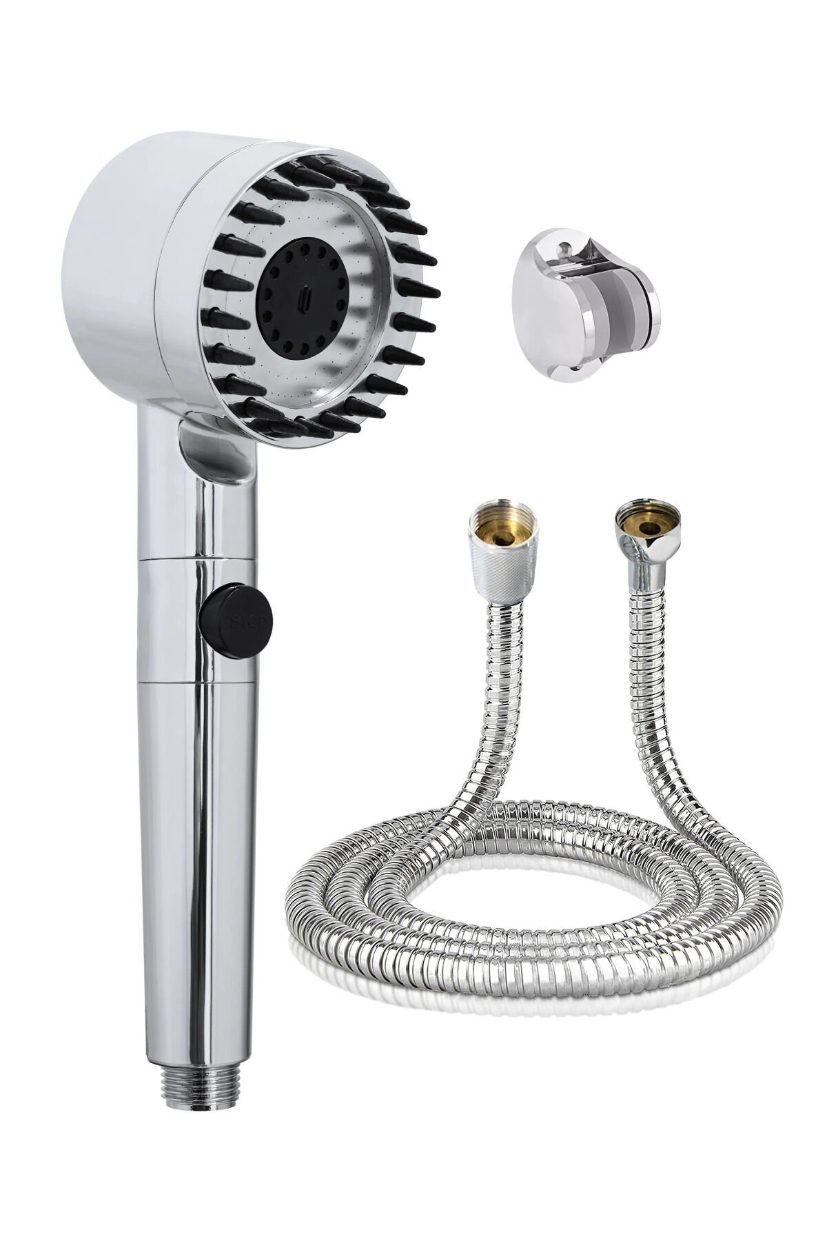 Masajlı Filitreli 3 Kademeli Krom Duş Başlığı, Örgülü Duş Hortumu ve Mafsal