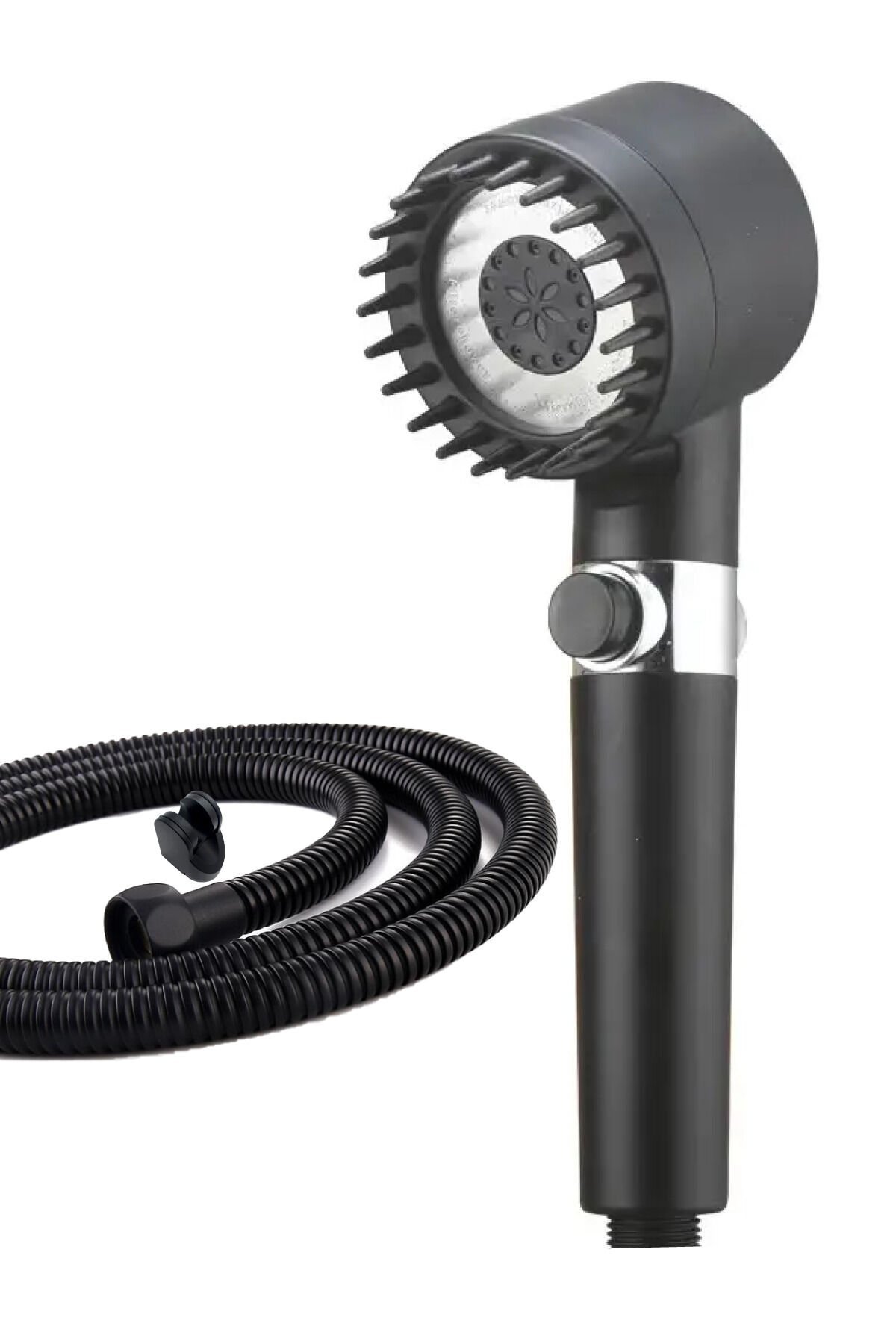 Masajlı Filitreli 3 Kademeli Siyah Duş Başlığı, Örgülü Duş Hortumu ve Mafsal