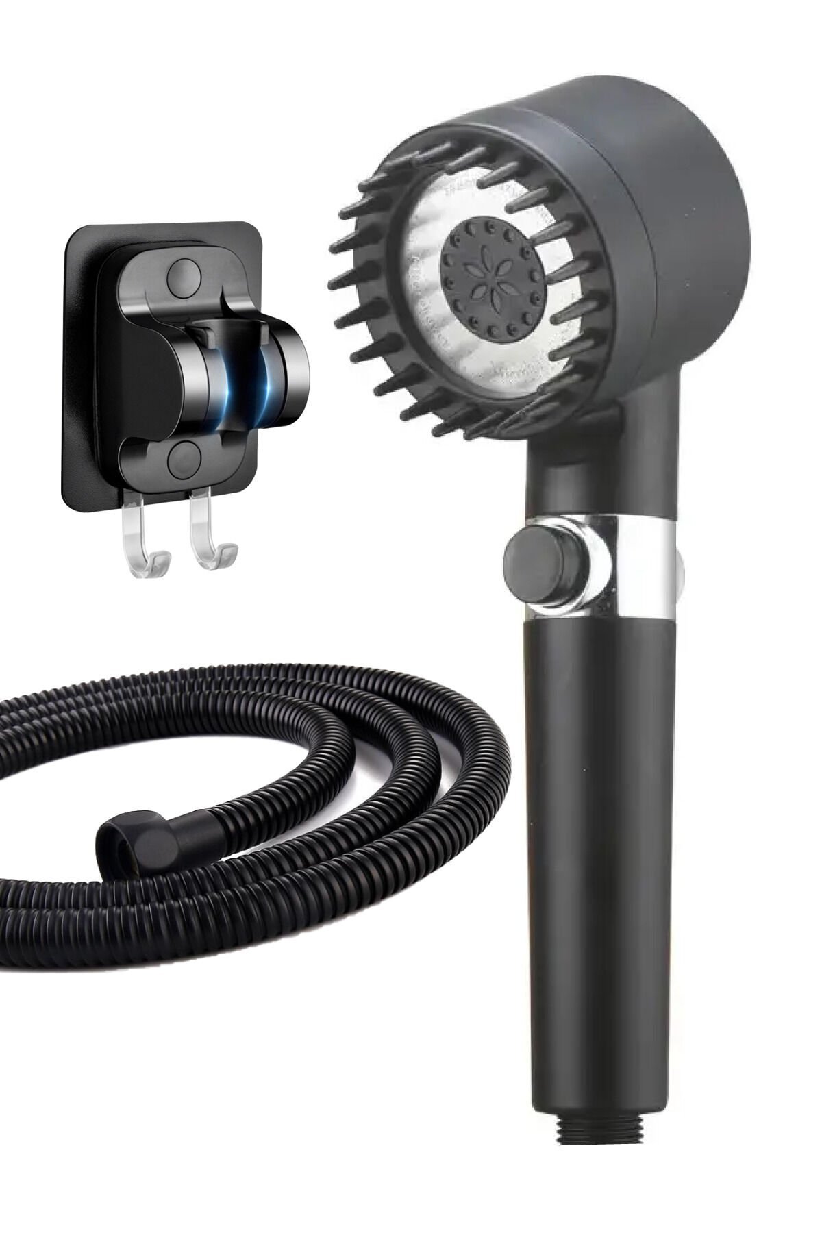 Masajlı Filitreli 3 Kademeli Siyah Duş Başlığı Yapışkan Mafsallı Hortumlu Duş Seti