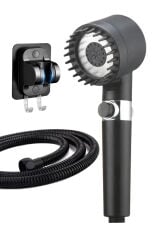 Masajlı Filitreli 3 Kademeli Siyah Duş Başlığı Yapışkan Mafsallı Hortumlu Duş Seti