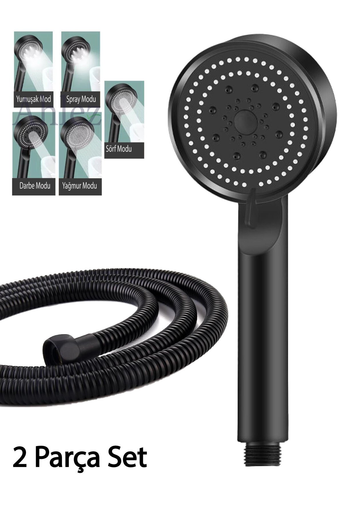 Maxima Siyah 5 Fonksiyon Duş Başlığı ve Siyah Duş Hortumu Duş Seti