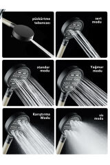 Nova 6 Fonksiyonlu Mafsallı Mat Siyah Duş Başlığı Seti Örgülü Hortumlu Duş Seti