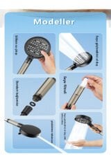 Nova 6 Fonksiyonlu Siyah Duş Başlığı , Yapışkan Mafsal ve Siyah Duş Hortumu Duş Sistemi