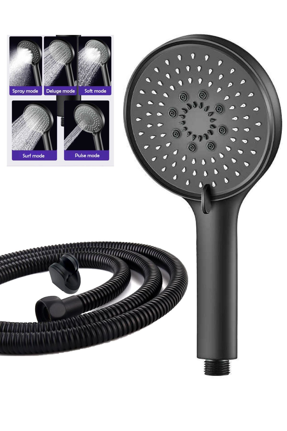 Mat Siyah Yuvarlak 5 Fonksiyonlu Duş Başlığı , Siyah Duş Hortumu ve Mafsal Seti