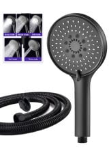 Mat Siyah Yuvarlak 5 Fonksiyonlu Duş Başlığı , Siyah Duş Hortumu ve Mafsal Seti