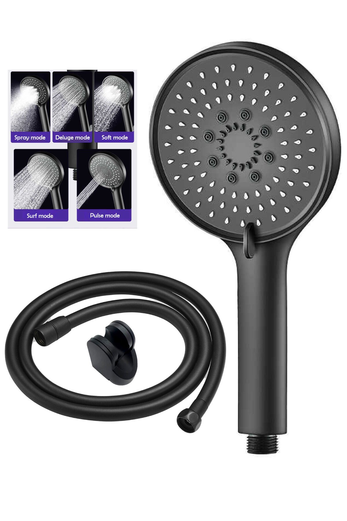 5 Fonksiyonlu Mafsallı Mat Siyah Yuvarlak Duş Başlığı Siyah Pvc Hortum Duş Seti