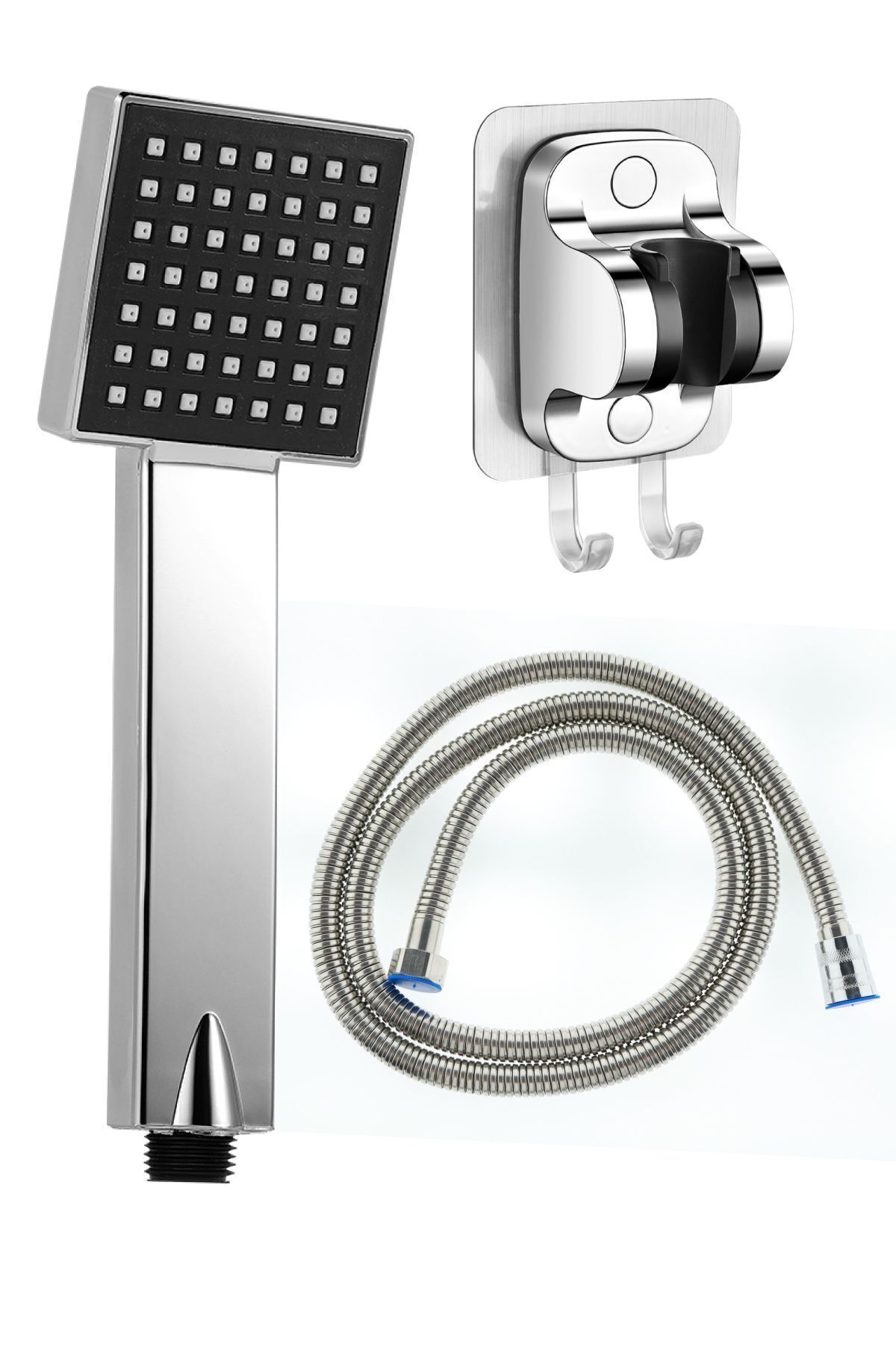 Quadro Kare Duş Başlığı , 3M Yapışkanlı Mafsal ve Duş Hortumu Seti