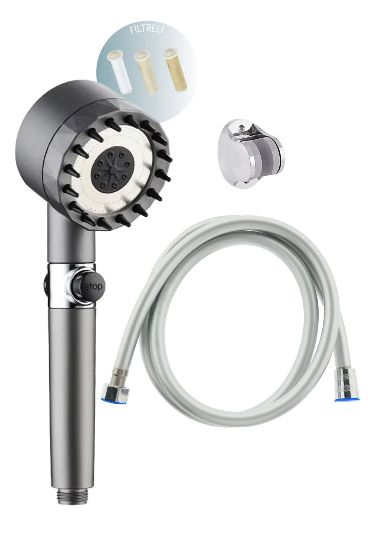 Masaj Etkili Filtreli 3 Fonksiyonlu Duş Başlığı El Duşu + Pvc Duş Hortumu ve Mafsal Duş Seti