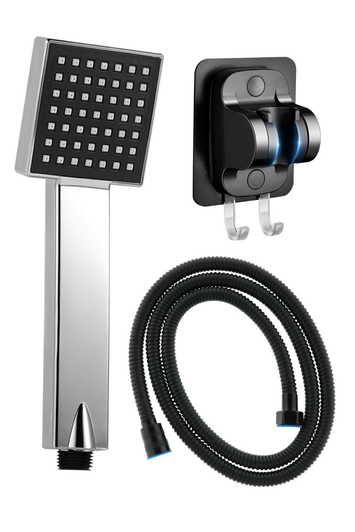 Quadro Kare Duş Başlığı , 3M Yapışkanlı Siyah Mafsal ve Siyah Örgülü Duş Hortumu Seti