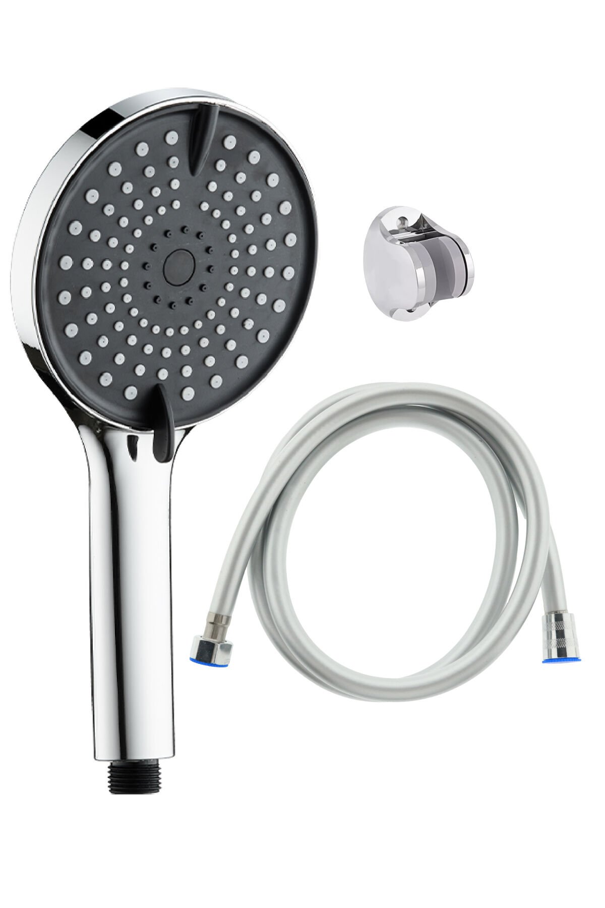 Siyah Yuvarlak 3 Fonksiyonlu Duş Başlığı El Duşu , Pvc Duş Hortumu ve Mafsal 3'lü Duş Takımı