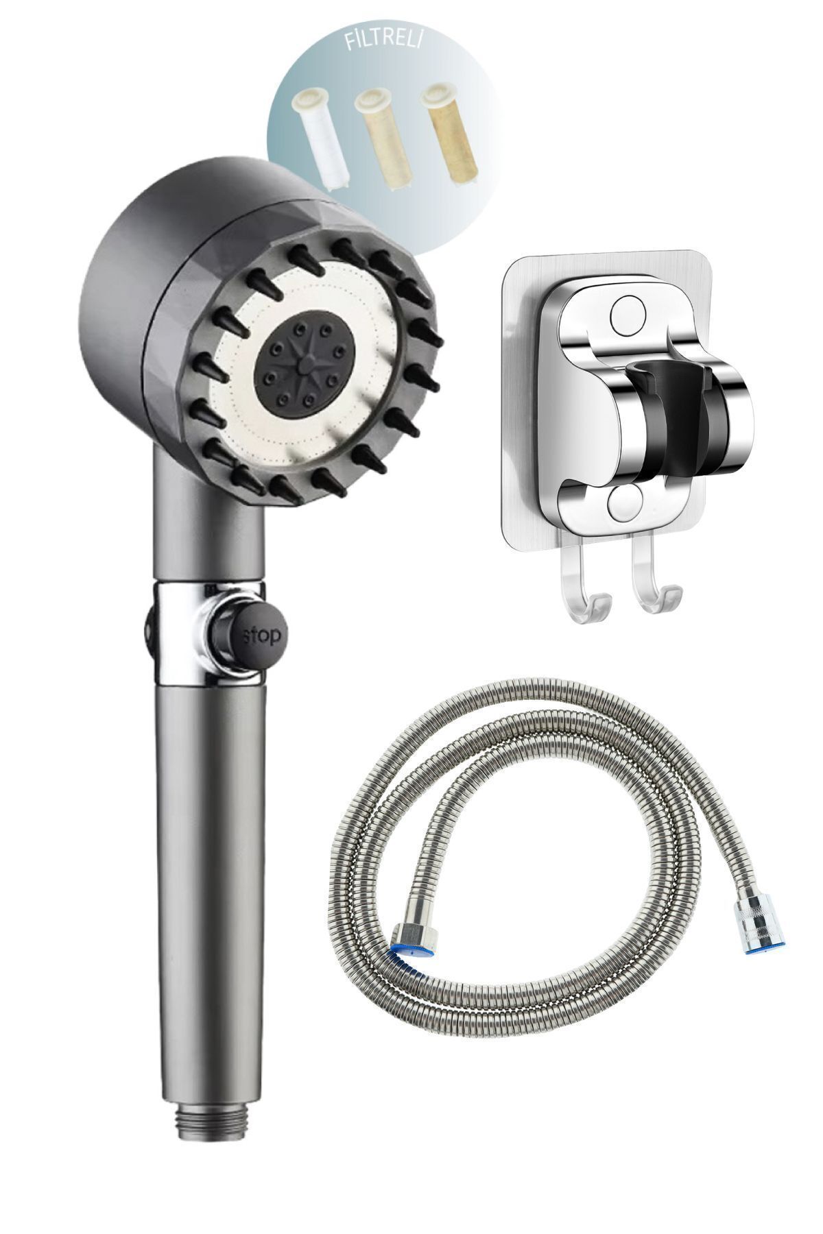 Masajlı Filtreli Çok Fonksiyonlu El Duşu , Duş Hortumu Örgülü Ve Yapışkanlı Mafsal 3'lü Set