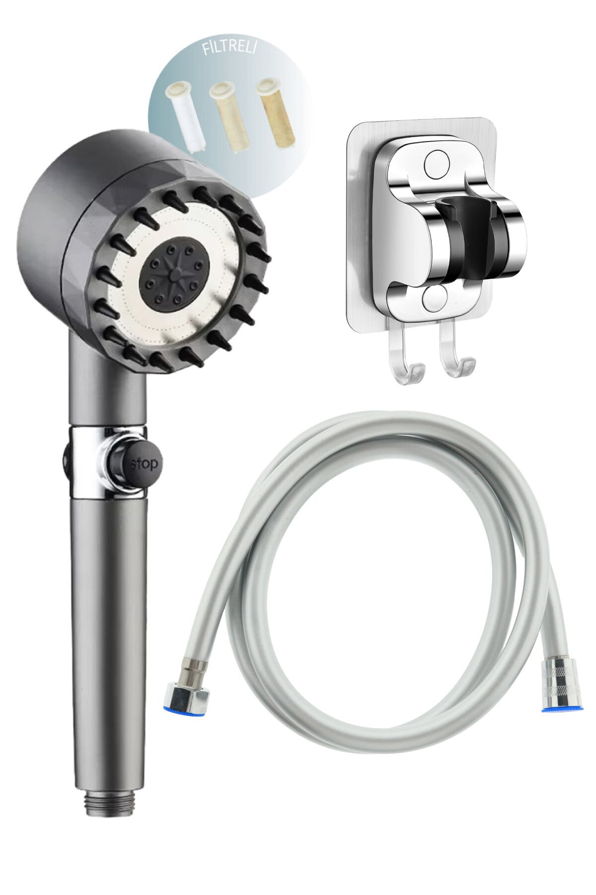 Masajlı Filtreli 3 Fonksiyonlu Duş Başlığı El Duşu + Pvc Duş Hortumu ve Yapışkanlı Mafsal Duş Seti