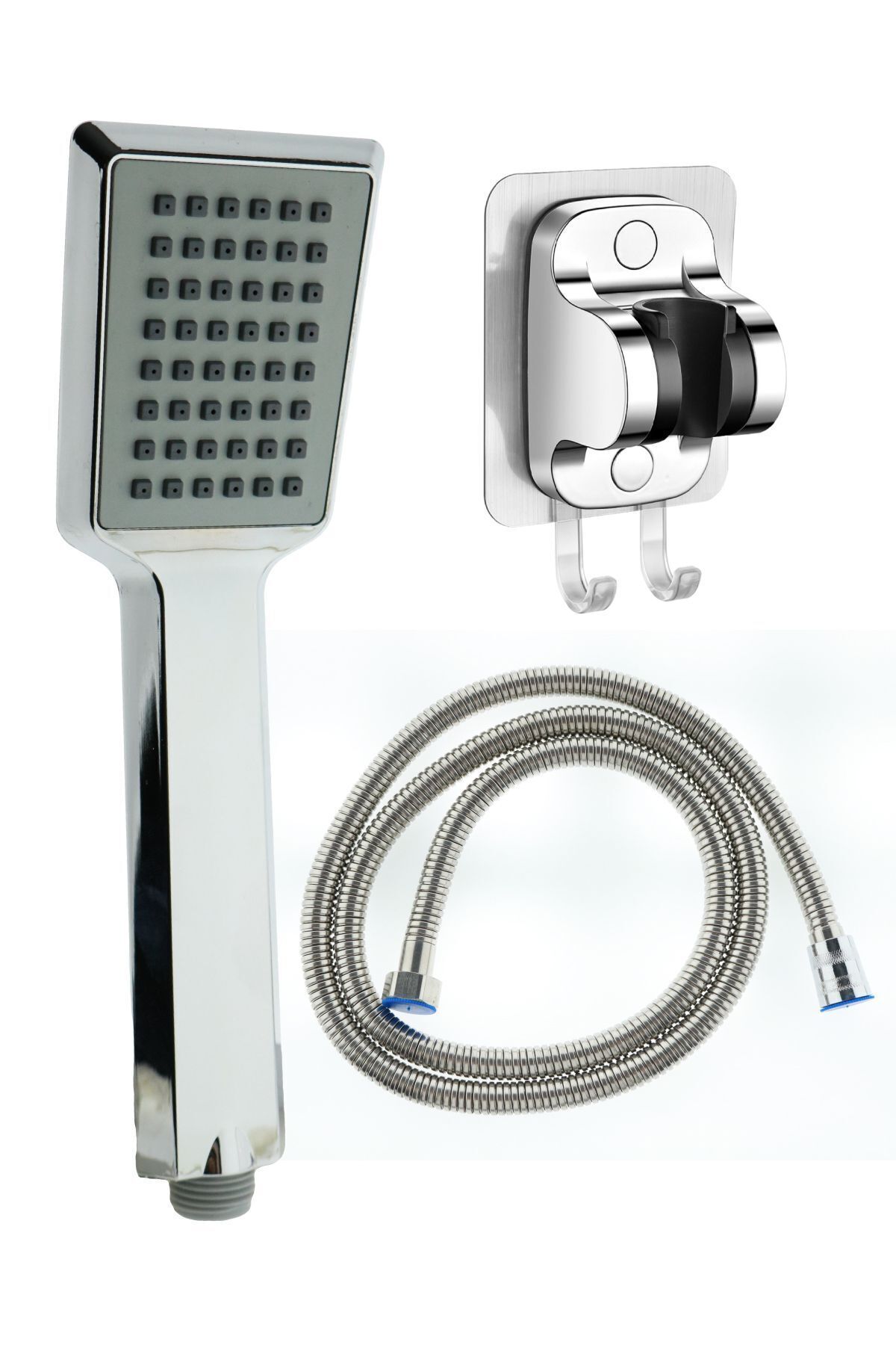 Arya Duş Başlığı , Askılıklı 3M Yapışkanlı Mafsal ve Örgülü Duş Hortumu Duş Seti