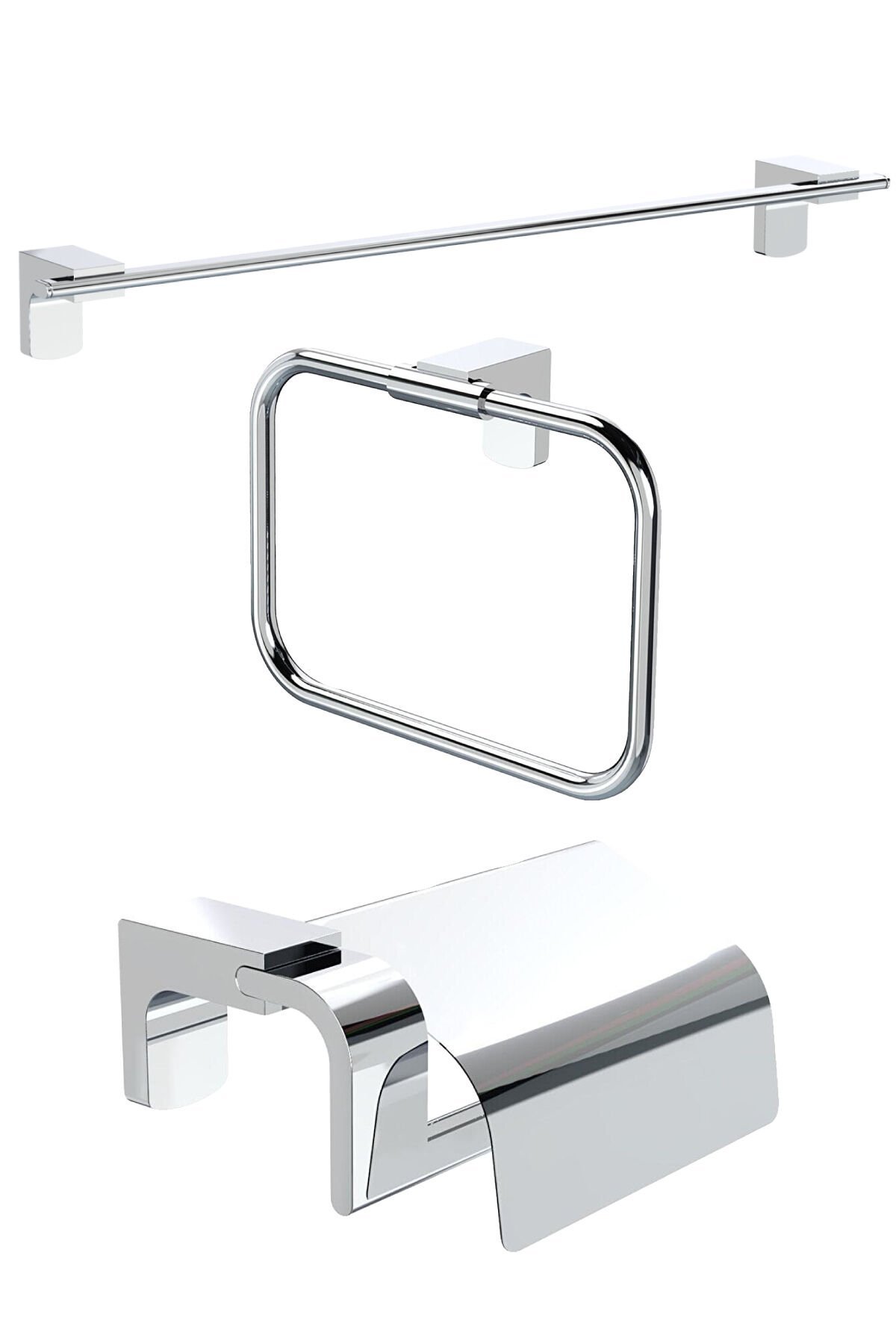 Premium Uzun Havluluk + Kare Yuvarlak Havluluk + Kapaklı Tuvalet Kağıtlık Banyo Seti