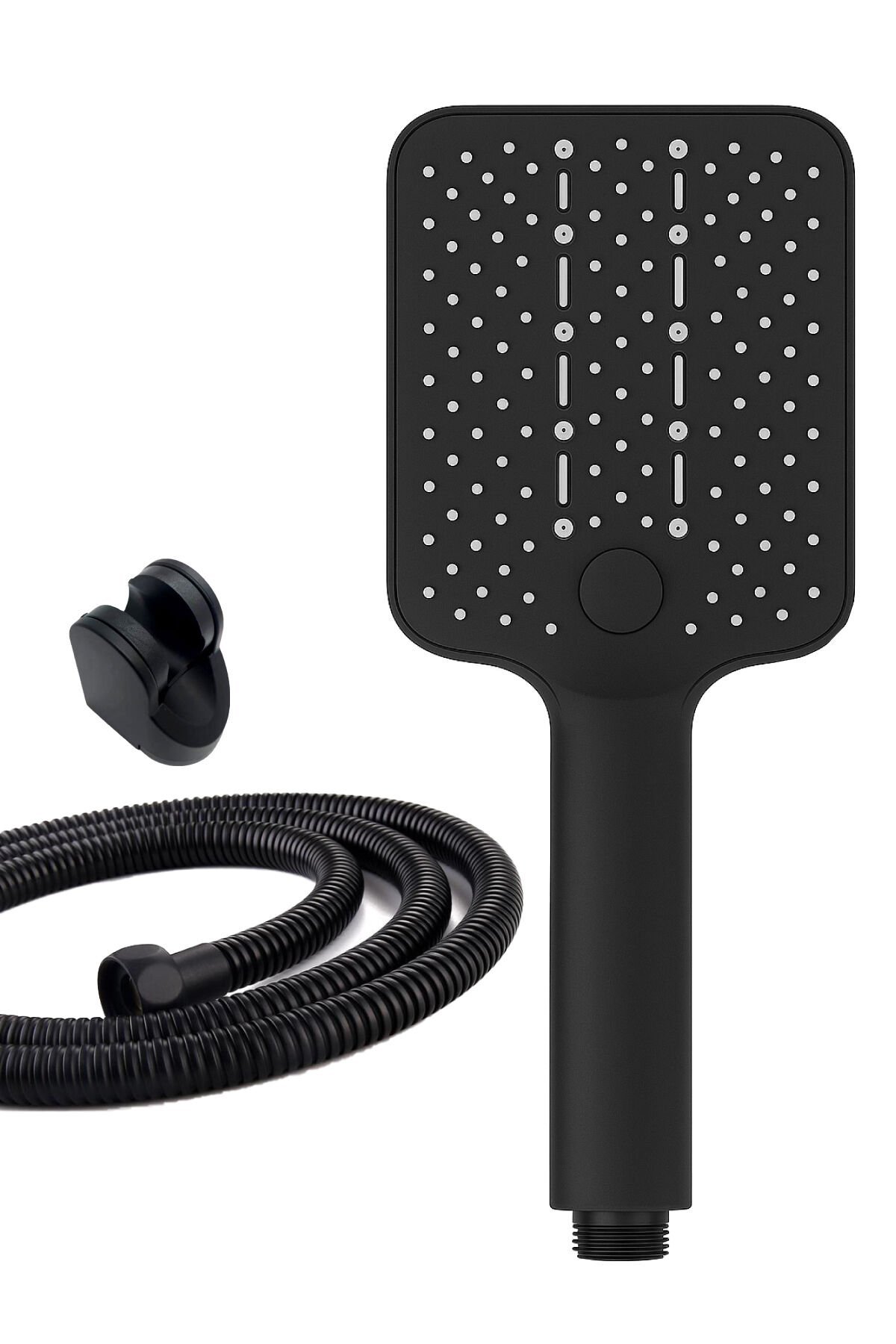 Vera Kare 4 Fonksiyon Mafsallı Mat Siyah Duş Başlığı Seti Örgülü Hortumlu Duş Seti