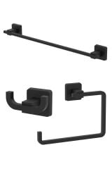 Kare Mat Siyah Ikili Askılık + Yuvarlak Havluluk + Uzun Havluluk Banyo Seti