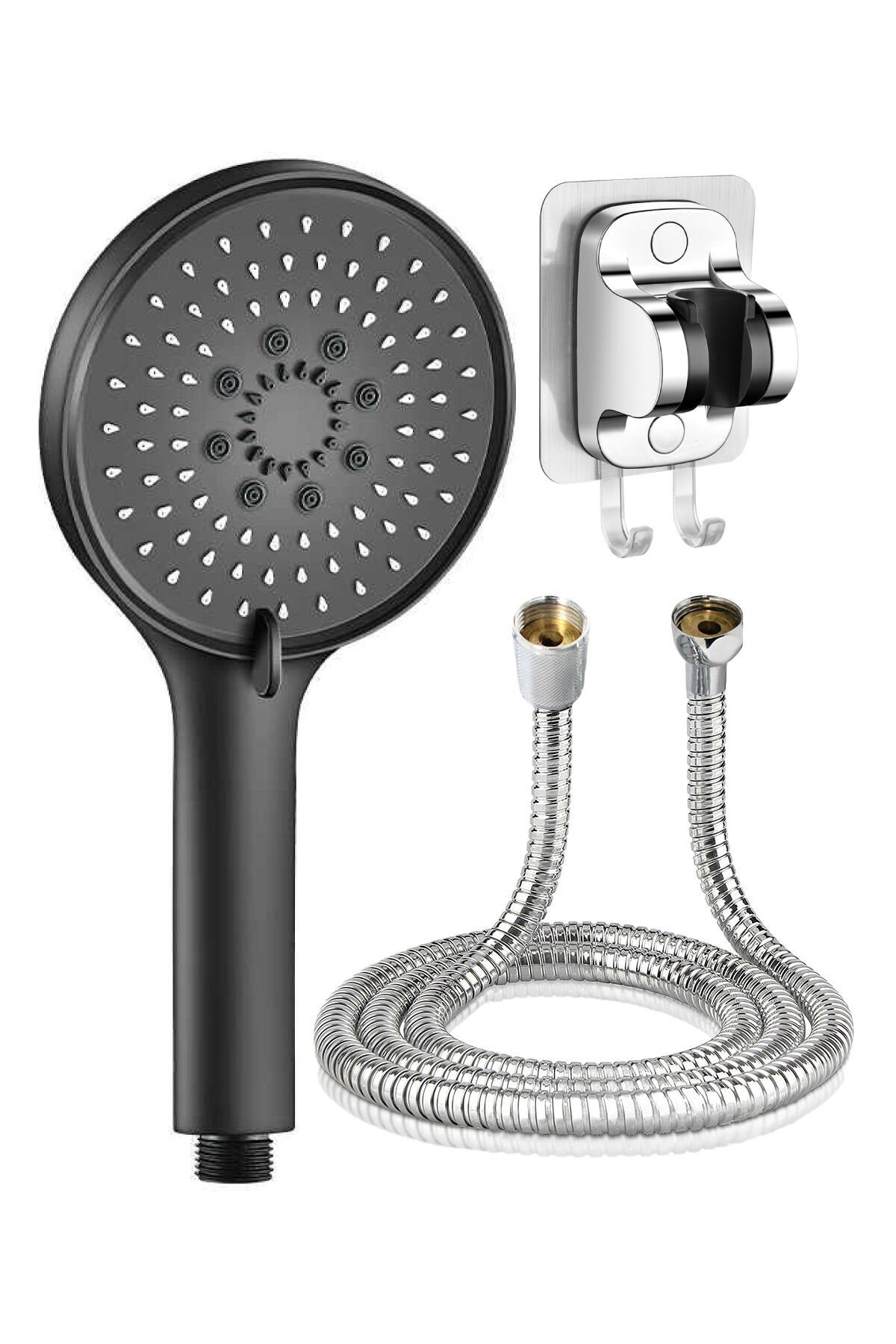 Mat Siyah Yuvarlak 5 Fonksiyonlu Duş Başlığı Yapışkanlı Mafsal Duş Hortumu Duş Seti
