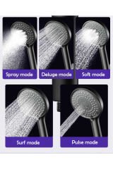 Mat Siyah Yuvarlak 5 Fonksiyonlu Duş Başlığı , Siyah Duş Hortumu ve Yapışkanlı Mafsal Seti