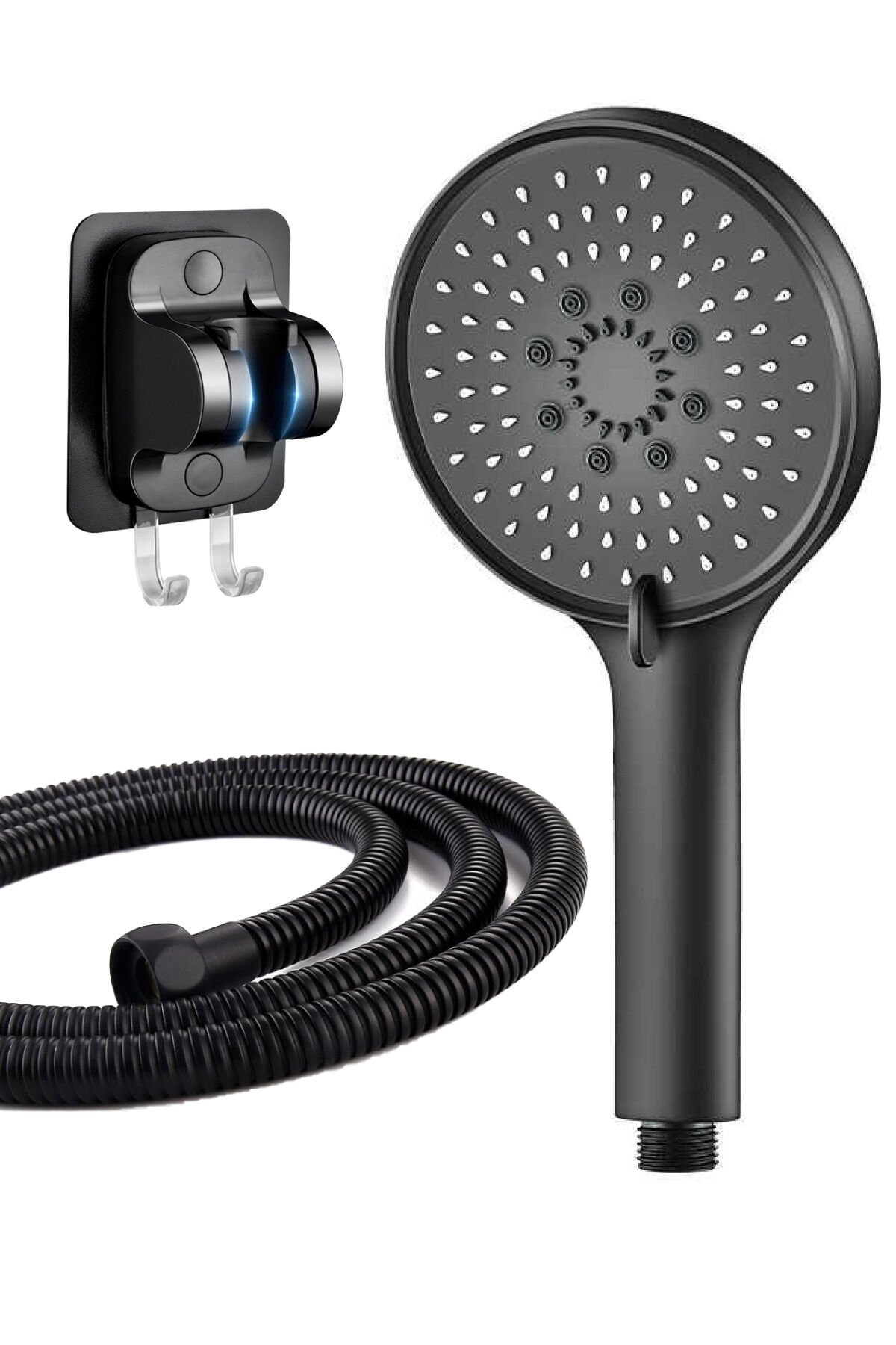 Mat Siyah Yuvarlak 5 Fonksiyonlu Duş Başlığı , Siyah Duş Hortumu ve Yapışkanlı Mafsal Seti