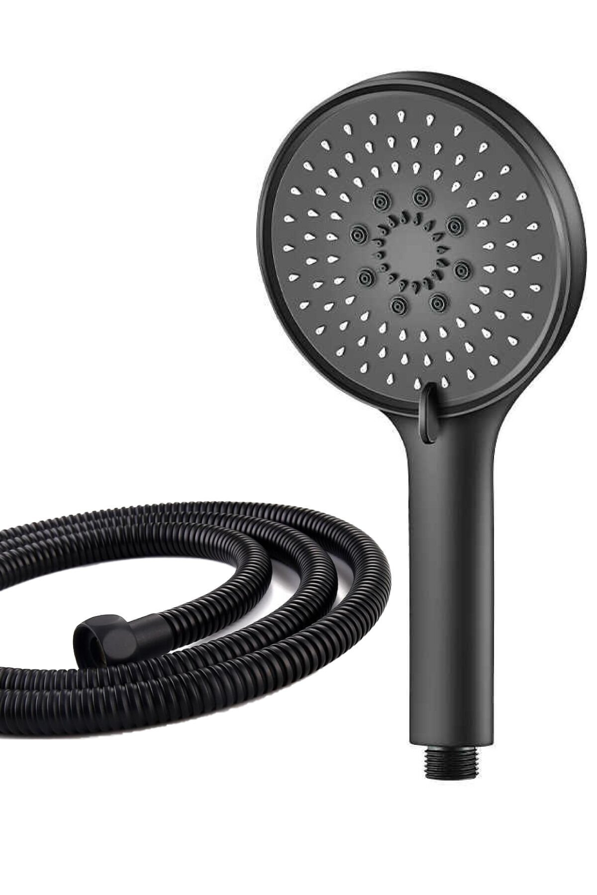 Mat Siyah Yuvarlak 5 Fonksiyonlu Duş Başlığı ve Siyah Duş Hortumu Seti